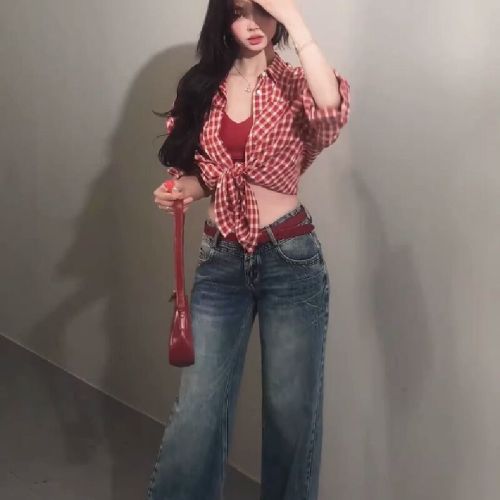 2025 Korean retro red plaid shirt for women in summer vintage relaxed casual sunscreen