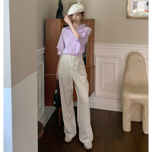 Real shot of 2025 autumn and winter new suit pants elastic waist drawstring design loose and slim wide-leg pants casual pants for women