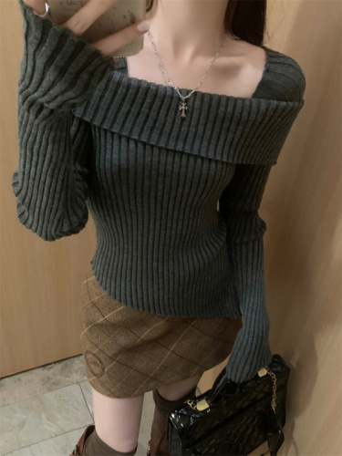 One-shoulder irregular sweater for women 2024 autumn and winter new red slim short base knitted top tight