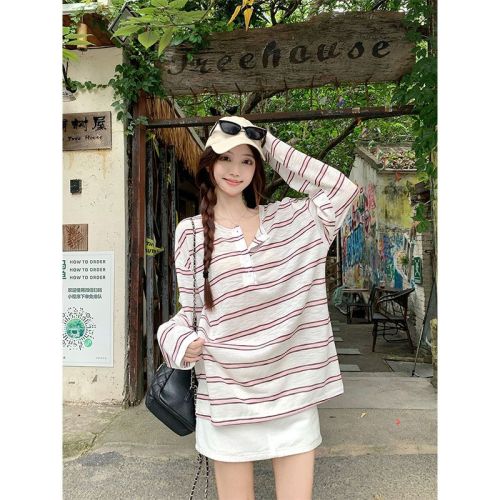 2025 South Korean foreign trade striped sunscreen T-shirt for women in summer long-sleeved shirt lazy casual loose top