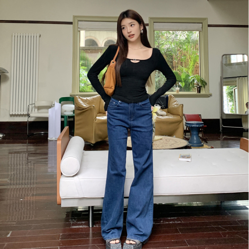 Real shot of 2025 autumn and winter new retro jeans for women loose floor pants blue straight wide-leg pants for women trousers trendy