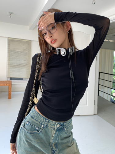 Real shot of 2025 autumn and winter new round neck drawstring design waist-hugging slim top T-shirt for women slim long-sleeved base shirt