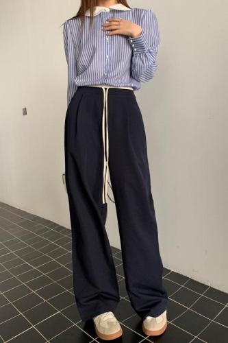 Real shot of 2025 autumn and winter new suit pants elastic waist drawstring design loose and slim wide-leg pants casual pants for women