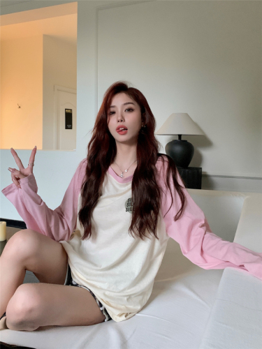 Real-life shots and real price~  summer standard new loose slimming sunscreen T-shirt contrasting color round neck long-sleeved top