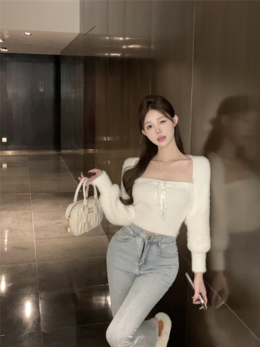 Real shot~Sweet bubble plush sweater set, sweet and spicy strappy vest + cardigan two-piece set