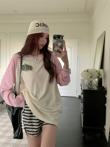 Real-life shots and real price~  summer standard new loose slimming sunscreen T-shirt contrasting color round neck long-sleeved top