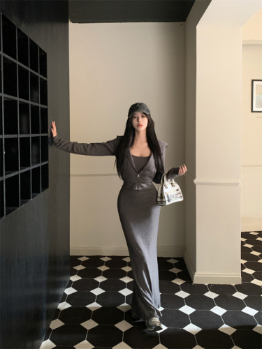 Real shot ~ Gray hooded sweatshirt, coat, knitted suit, skirt, square neck long-sleeved dress for women, autumn and winter