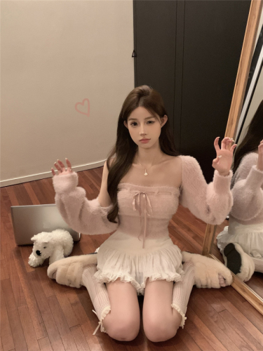 Real shot~Sweet bubble plush sweater set, sweet and spicy strappy vest + cardigan two-piece set