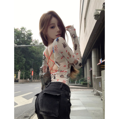 Actual shot~Sweet and spicy mesh cartoon cat print hollow backless strappy slim fit short top