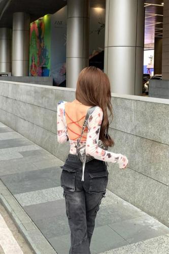 Actual shot~Sweet and spicy mesh cartoon cat print hollow backless strappy slim fit short top