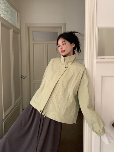 Real shot~Designed lapel drawstring short top autumn new slim zipper long-sleeved jacket for women