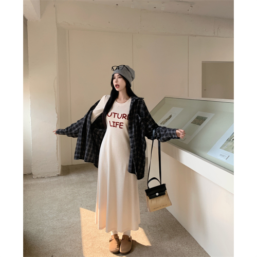 Real shot~ Letter embroidered knitted dress for women autumn 2024 new round neck long skirt with long skirt inside