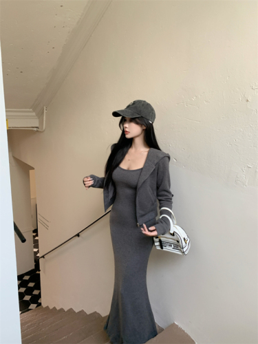 Real shot ~ Gray hooded sweatshirt, coat, knitted suit, skirt, square neck long-sleeved dress for women, autumn and winter