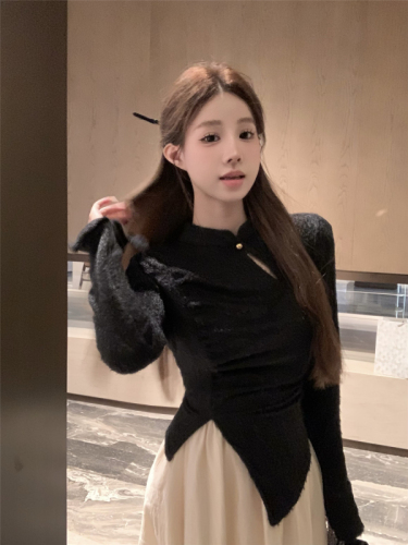 Actual shot ~ New Chinese style stand collar knitted sweater women's autumn and winter design slim and slim temperament top