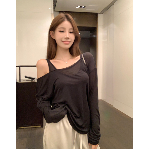 Real shot ~ two-piece sloping shoulder top with suspenders, autumn long-sleeved inner suspender suit