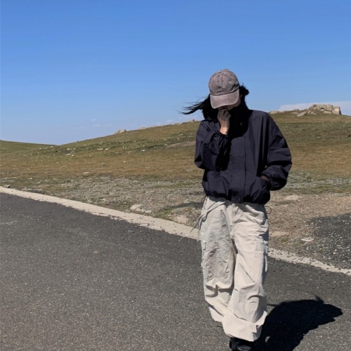 Real shot~Designed lapel drawstring short top autumn new slim zipper long-sleeved jacket for women