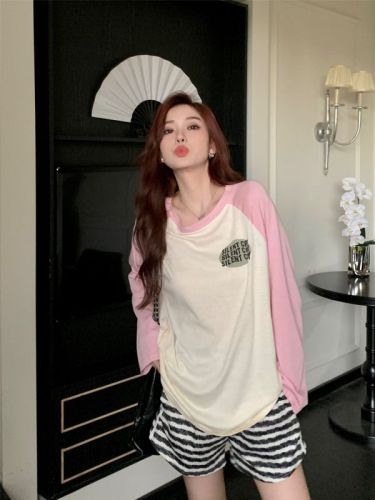 Real-life shots and real price~  summer standard new loose slimming sunscreen T-shirt contrasting color round neck long-sleeved top