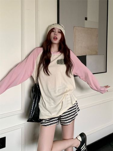 Real-life shots and real price~  summer standard new loose slimming sunscreen T-shirt contrasting color round neck long-sleeved top