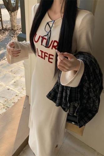 Real shot~ Letter embroidered knitted dress for women autumn 2024 new round neck long skirt with long skirt inside