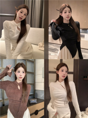 Actual shot ~ New Chinese style stand collar knitted sweater women's autumn and winter design slim and slim temperament top