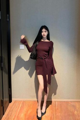 Actual shot~ Bell sleeve knitted dress for women autumn long sleeve slimming long hip skirt