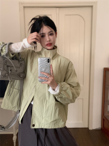 Real shot~Designed lapel drawstring short top autumn new slim zipper long-sleeved jacket for women