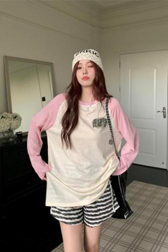Real-life shots and real price~  summer standard new loose slimming sunscreen T-shirt contrasting color round neck long-sleeved top