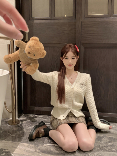 Actual shot ~ Embroidery/college style twist knitted cardigan autumn and winter design sweater jacket