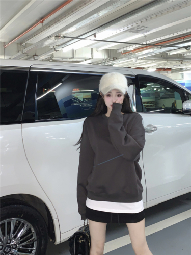 Real-life shots and real price~ Loose plus velvet warm top  autumn and winter new fake two-piece round neck sweatshirt