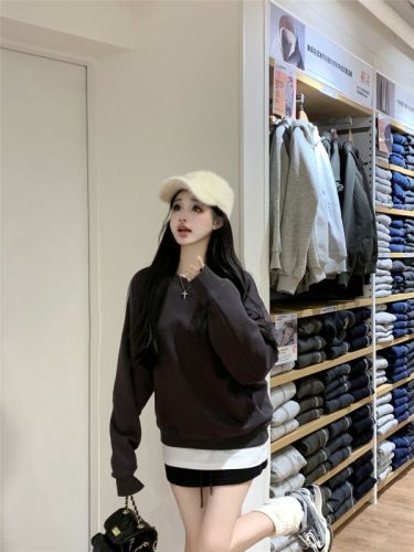 Real-life shots and real price~ Loose plus velvet warm top  autumn and winter new fake two-piece round neck sweatshirt