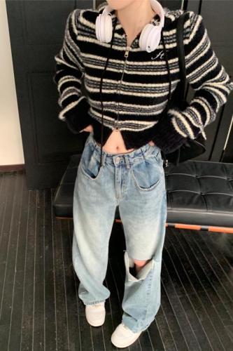 Actual shot~Autumn and winter short lazy style striped hooded sweater sweater cardigan jacket for women