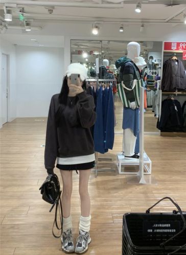 Real-life shots and real price~ Loose plus velvet warm top  autumn and winter new fake two-piece round neck sweatshirt