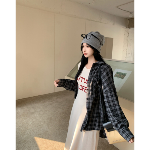 Real shot~ Letter embroidered knitted dress for women autumn 2024 new round neck long skirt with long skirt inside