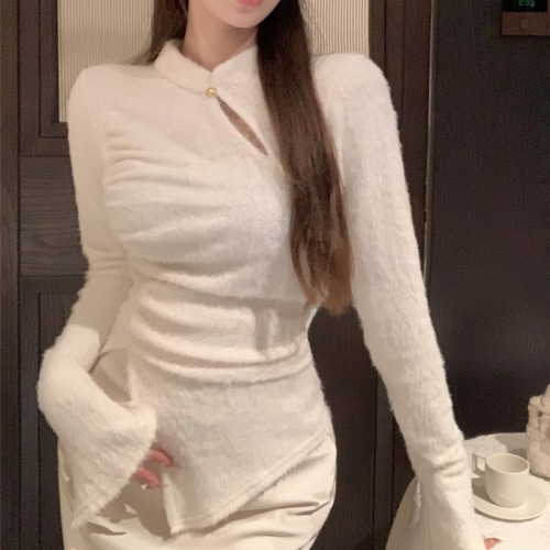 Actual shot ~ New Chinese style stand collar knitted sweater women's autumn and winter design slim and slim temperament top