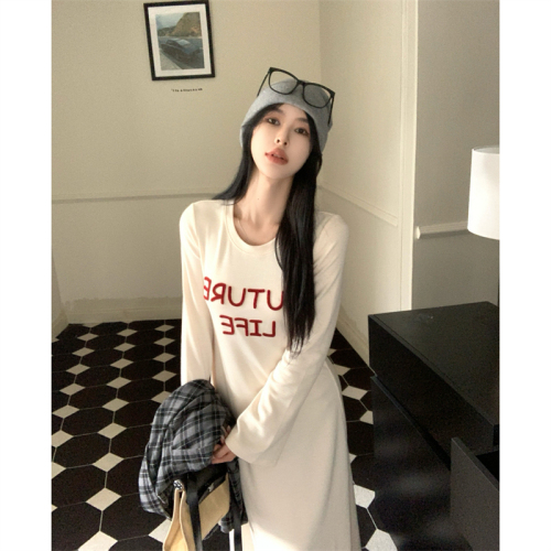 Real shot~ Letter embroidered knitted dress for women autumn 2024 new round neck long skirt with long skirt inside