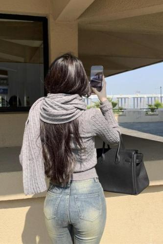 Real-life shots and real price~Twig scarf, black and gray slim short style, thick sweater and cardigan for women, autumn and winter long-sleeved knitted sweater