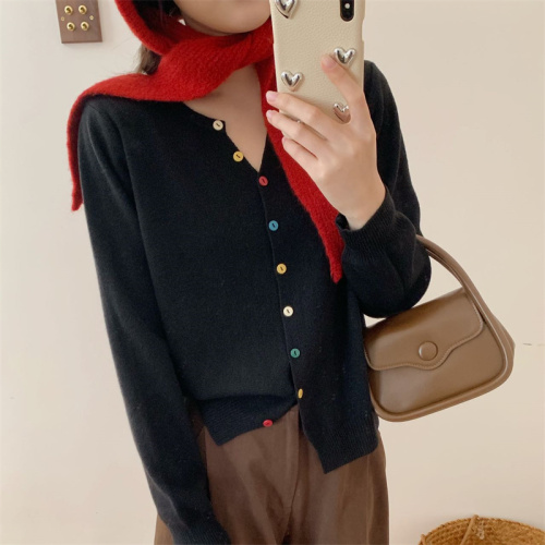 V-neck Colorful Button Long-sleeved Knitted Base Shirt Women's Innerwear Autumn/Winter Design Korean Style Beige Cashmere Cardigan Top