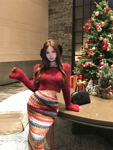 Real-life photos and real-price ~ Christmas love imitation mink knitted top long sleeves short atmosphere red elastic skirt two-piece set
