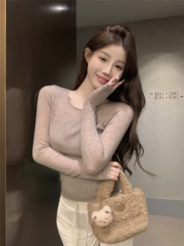 Real-life shots and real-price ~ round neck spliced long-sleeved knitted base shirt Korean slim fit and slim temperament inner top