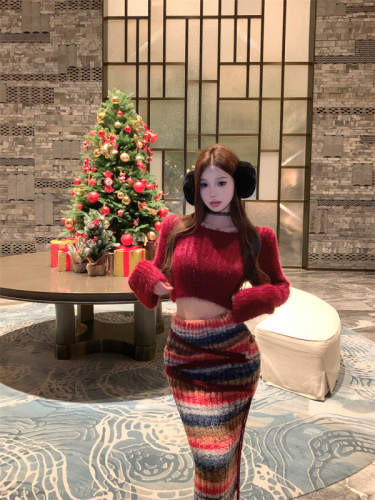 Real-life photos and real-price ~ Christmas love imitation mink knitted top long sleeves short atmosphere red elastic skirt two-piece set