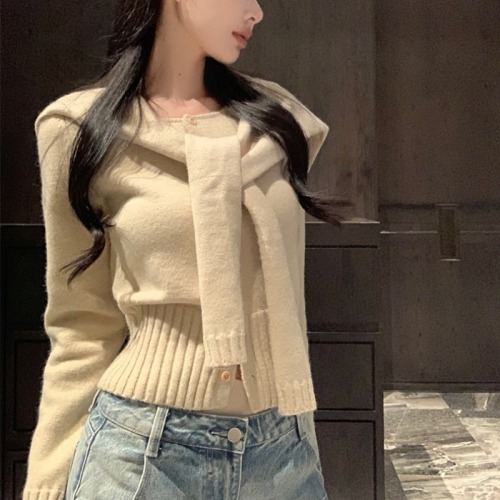 Real-life photos and real price~ autumn and winter knitted + shawl top two-piece sweater loose and slim and versatile breasted fashion suit