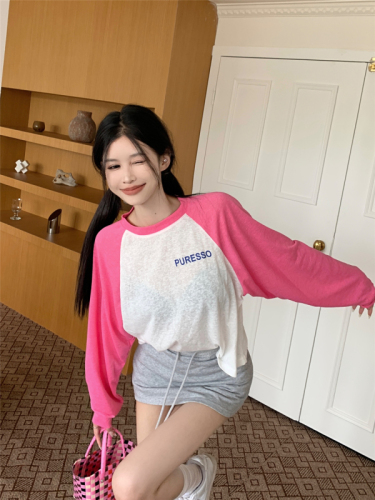 Real-life shots and real price~  summer standard new loose slimming sunscreen T-shirt contrasting color round neck long-sleeved top