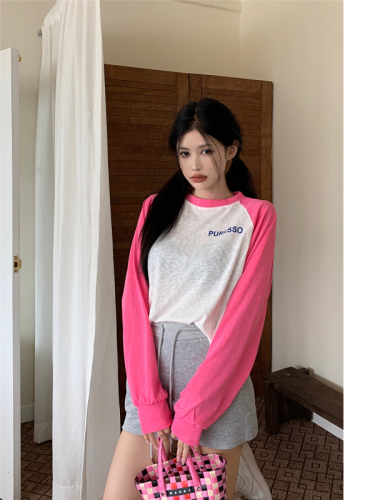 Real-life shots and real price~  summer standard new loose slimming sunscreen T-shirt contrasting color round neck long-sleeved top