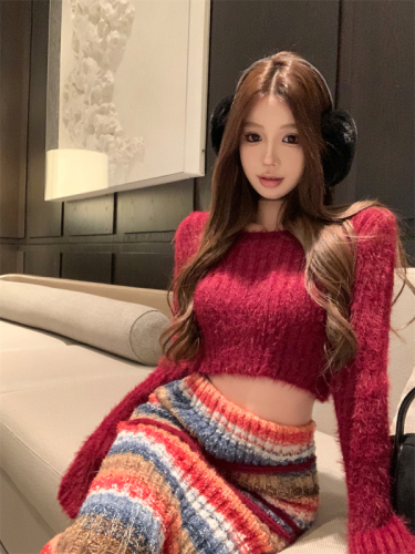 Real-life photos and real-price ~ Christmas love imitation mink knitted top long sleeves short atmosphere red elastic skirt two-piece set
