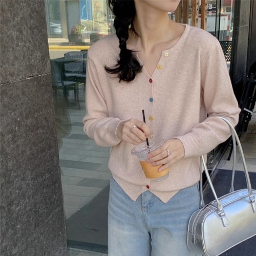 V-neck Colorful Button Long-sleeved Knitted Base Shirt Women's Innerwear Autumn/Winter Design Korean Style Beige Cashmere Cardigan Top