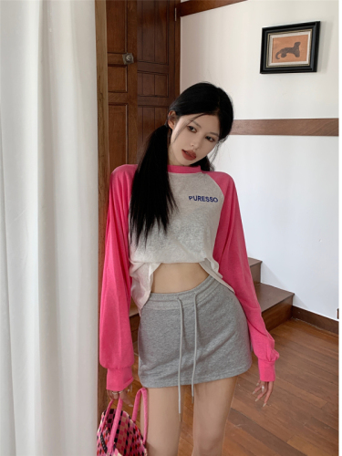 Real-life shots and real price~  summer standard new loose slimming sunscreen T-shirt contrasting color round neck long-sleeved top