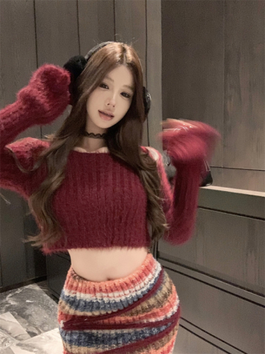Real-life photos and real-price ~ Christmas love imitation mink knitted top long sleeves short atmosphere red elastic skirt two-piece set