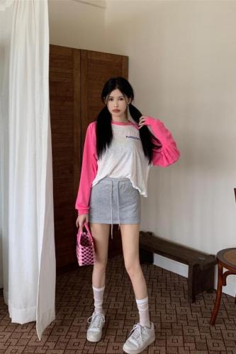 Real-life shots and real price~  summer standard new loose slimming sunscreen T-shirt contrasting color round neck long-sleeved top