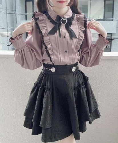 Dream Outlook Japanese Black Fans Harajuku Lotus Edge Child Collar Bow Tie Knot Shirt Top Skirt