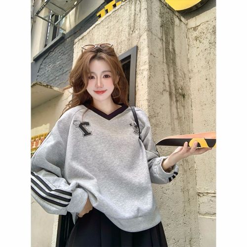 Women's Loose V-Neck Long-Sleeve Hoodie with Lace Splicing and Composite Printing Fashion Top